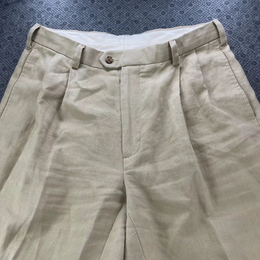 Jos A Bank Travelers Collection Mens 33x30 Beige 100% Linen Pleated Pants Cuff